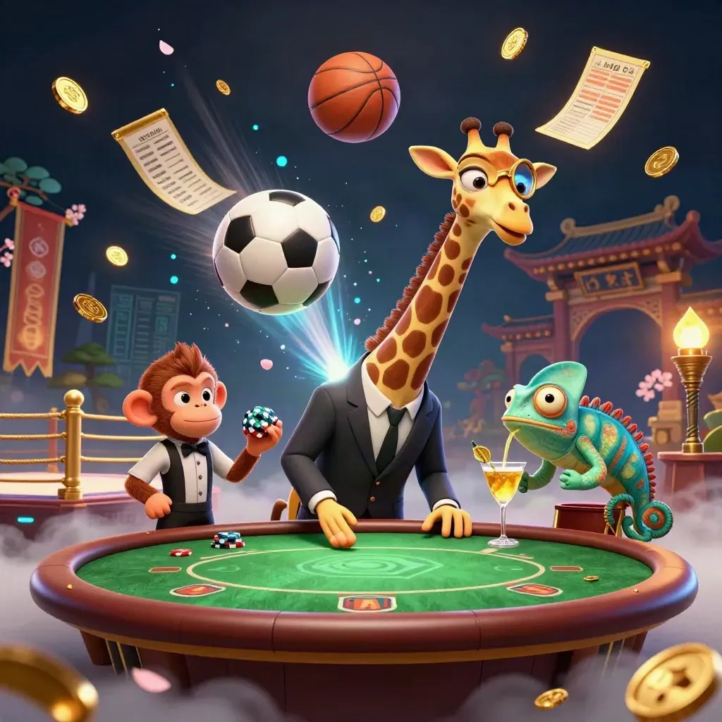 Giraff, apa och kameleont i lyxigt casino-kaos med fotboll, guld och ljus.