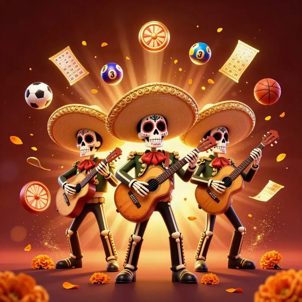 Tre skelettmariachis med bingohjul, lotteribollar och guldglitter mot mörk rödorange bakgrund.