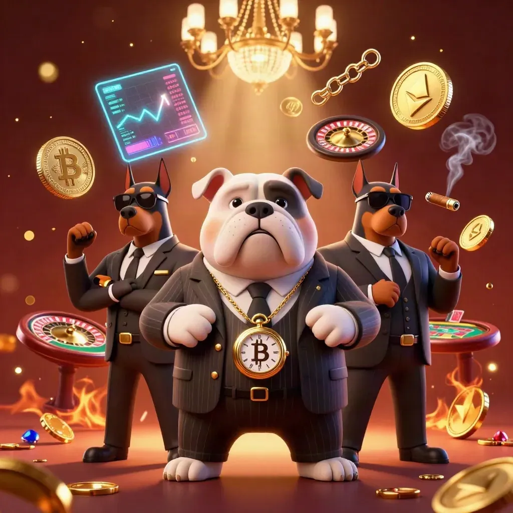 Maffig bulldogboss med två dobermannvakter i ett lyxigt casino med guld, neon och rök.
