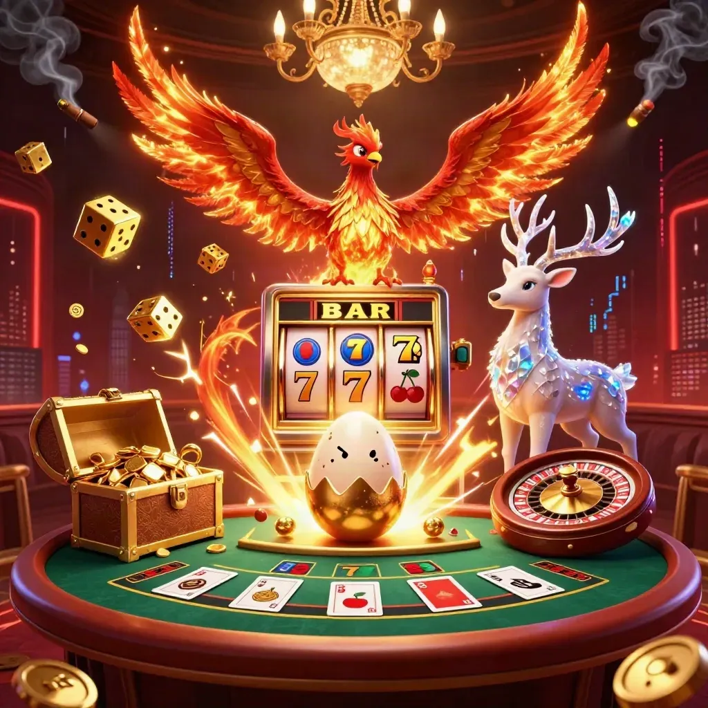 Tre casinodjur i neon kring slot, roulette och guld i mörk lyx.