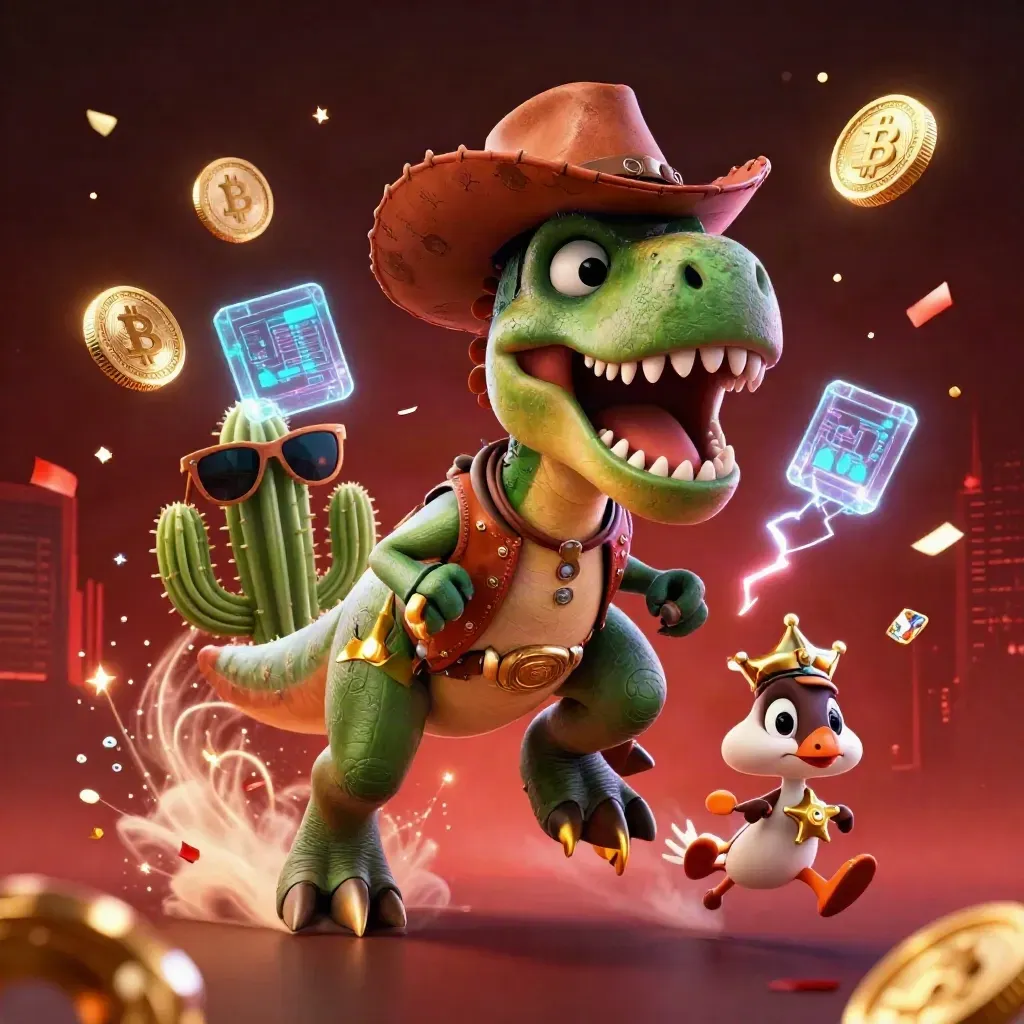 Cowboy-T-Rex, kaktus och road runner bland guld, neonmynt och röd energimagi.
