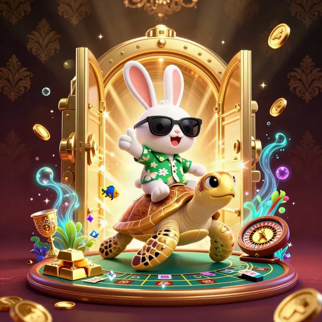 Glad kanin på gyllene havssköldpadda bland mynt, juveler och kasinoglow.