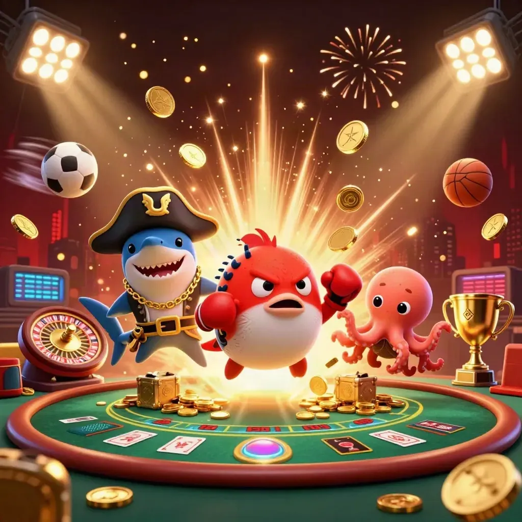 Tre 3D-karaktärer firar med mynt, sportbollar och casinoeffekter i mörk lyx
