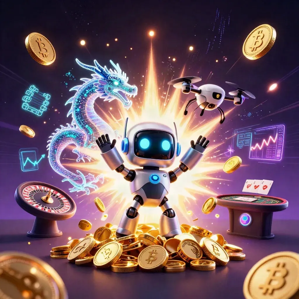 Robot, digital drake och drönare bland guldmynt, neonljus och kasinodetaljer i mörk lila rymd