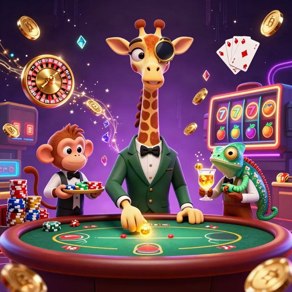 Giraff, apa och kameleont vid pokerbord med guldmynt, roulettehjul och neonljus.
